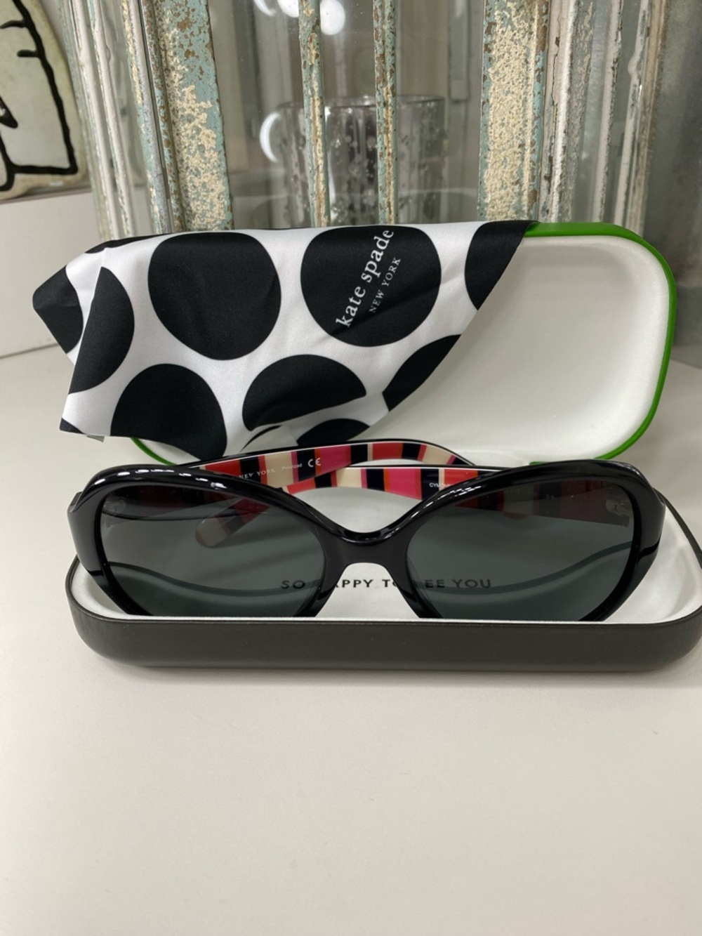 kate spade Black Oval Sunglasses with Multicolor Striped Temples EUC
